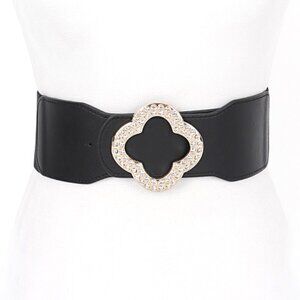 BNWT Brand New Crystal Clover Buckle Elastic Wide Belt Fashion Stretch B…
